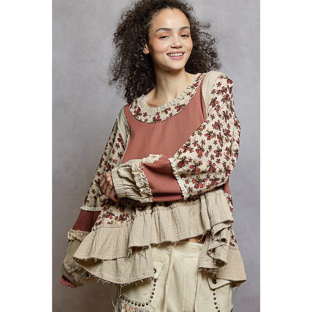 "La Bella" Floral Ruffle Lace Trim Top in Dusty Rose - Picture 3 of 4